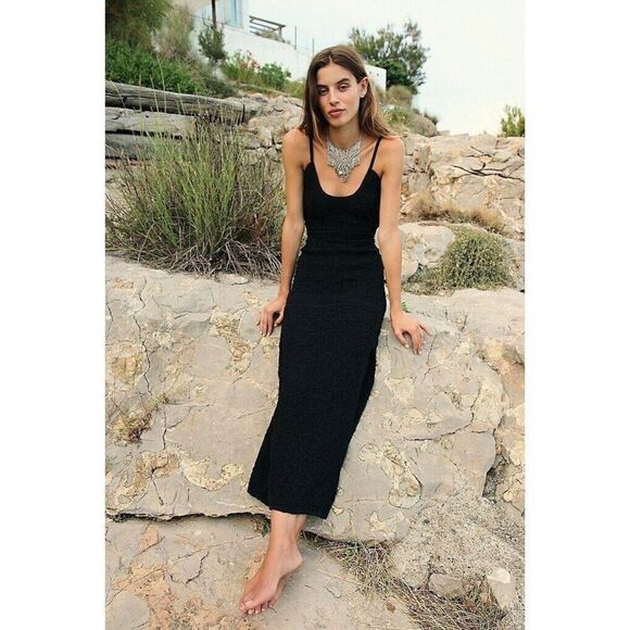 NWT FREE PEOPLE Sz M ZA ZA MIDI DRESS SMOCKED OPEN BACK MAXI IN BLACK - Picture 1 of 3